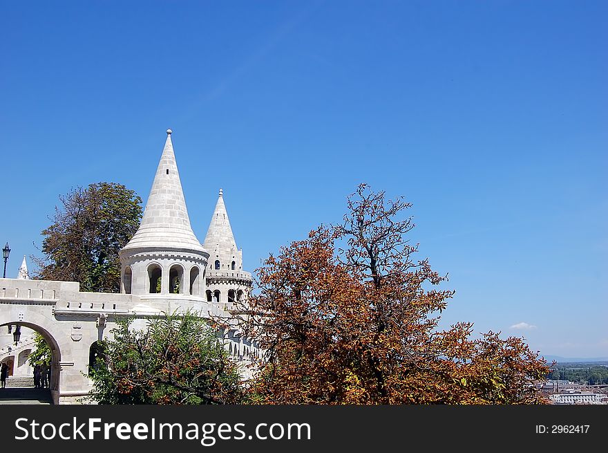 The great tower of Fishermen's Bastion on the castle hill of Budapest