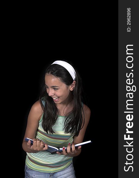 Girl posing for back to school theme over black background