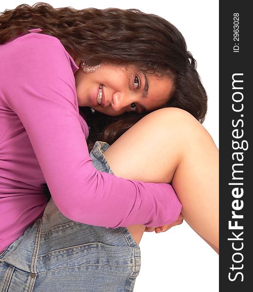 An pretty young girl, sitting on the floor and resting her head on her
knees, in an denim mini skirt for white background. An pretty young girl, sitting on the floor and resting her head on her
knees, in an denim mini skirt for white background.