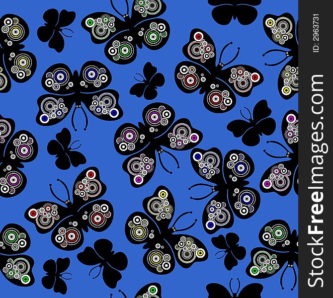 Seamless wallpaper tile unique butterflies. Circles on wings in colors. Seamless wallpaper tile unique butterflies. Circles on wings in colors.