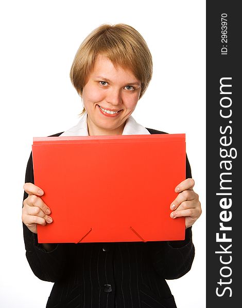 Businesswoman with folder for document over white background