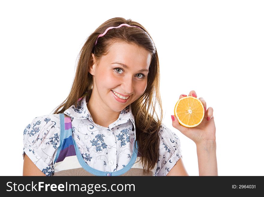 Beauty girl with orange over white background