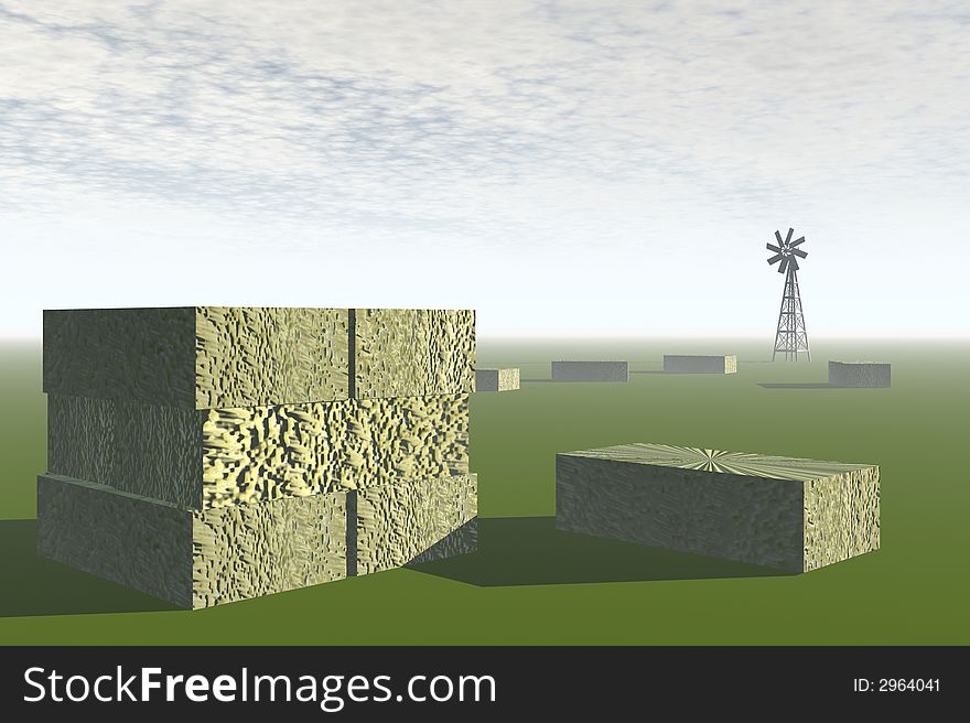 3D render of agricultural landscape of hay bales in a field