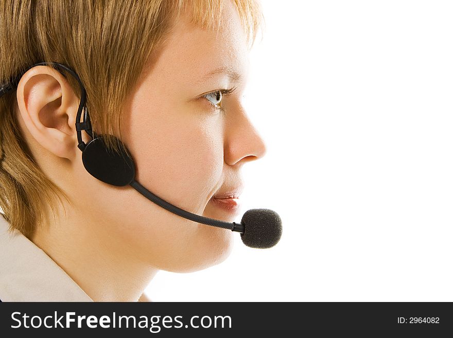 Beautiful customer support girl in headphones in half face on white background