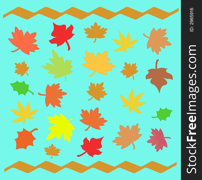 Colorful autumn leaves scattered  on  blue  background. Colorful autumn leaves scattered  on  blue  background