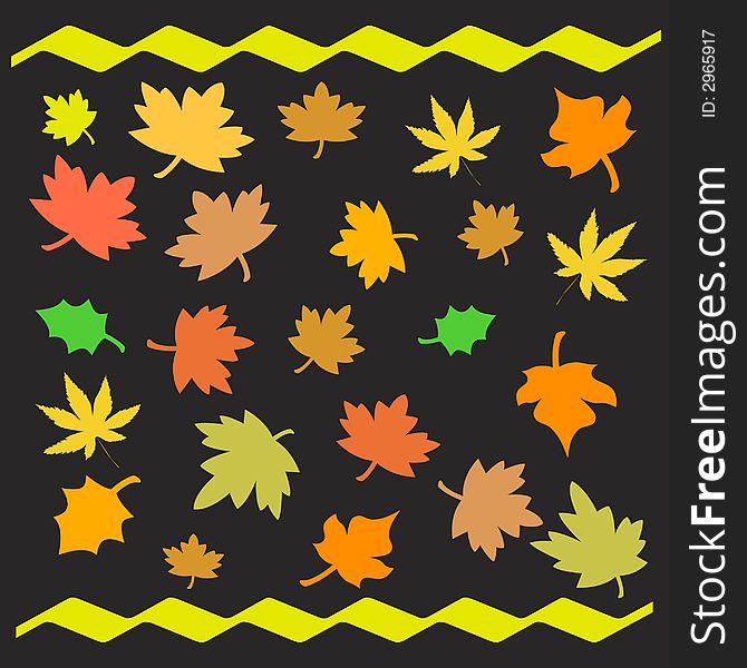 Colorful autumn leaves scattered on black background. Colorful autumn leaves scattered on black background