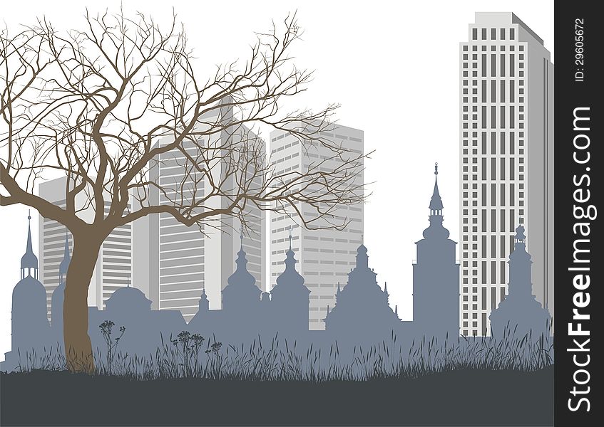 Illustration of the contrast between the old and new city with nature. Illustration of the contrast between the old and new city with nature