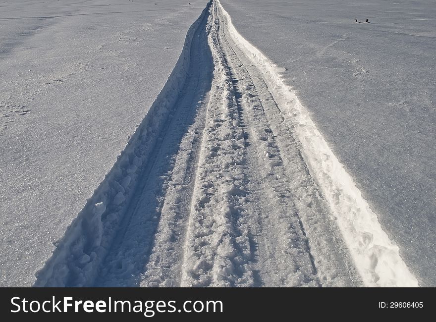 Close up of snowmobile trail