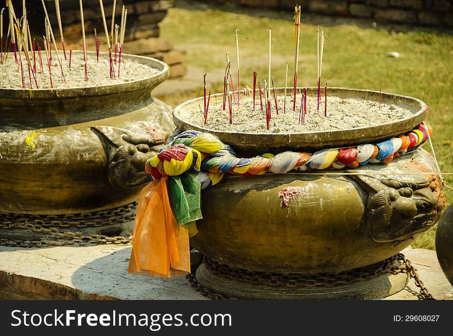 Thai bowl with incense sticks. Thai bowl with incense sticks