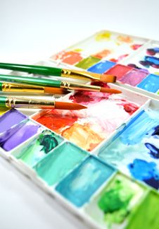 Watercolor Palette And Paintbrushes Royalty Free Stock Images