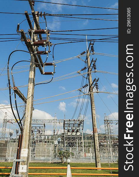 Electric power station and high-tension post with blue sky