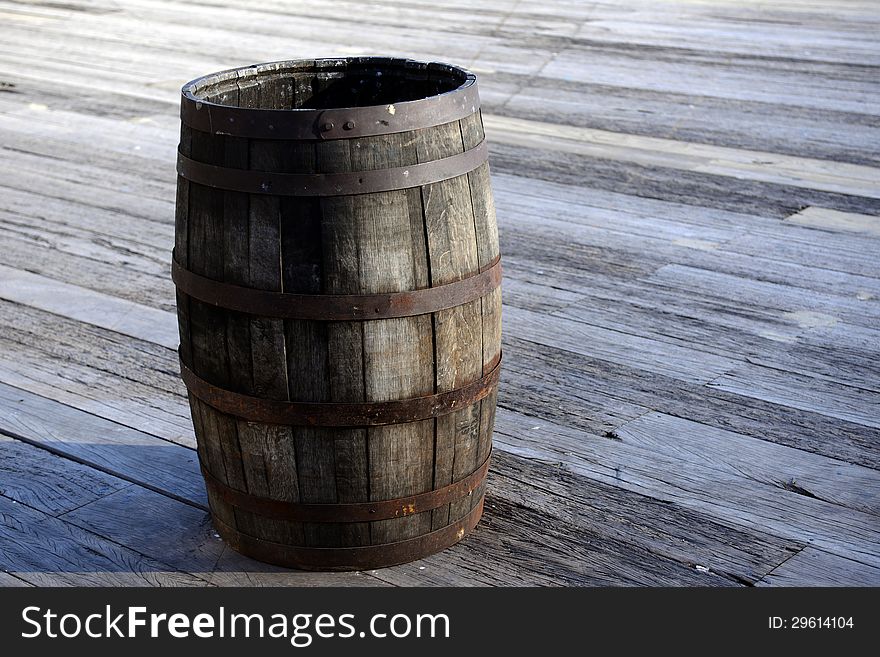 Old wooden barrel cask on the street