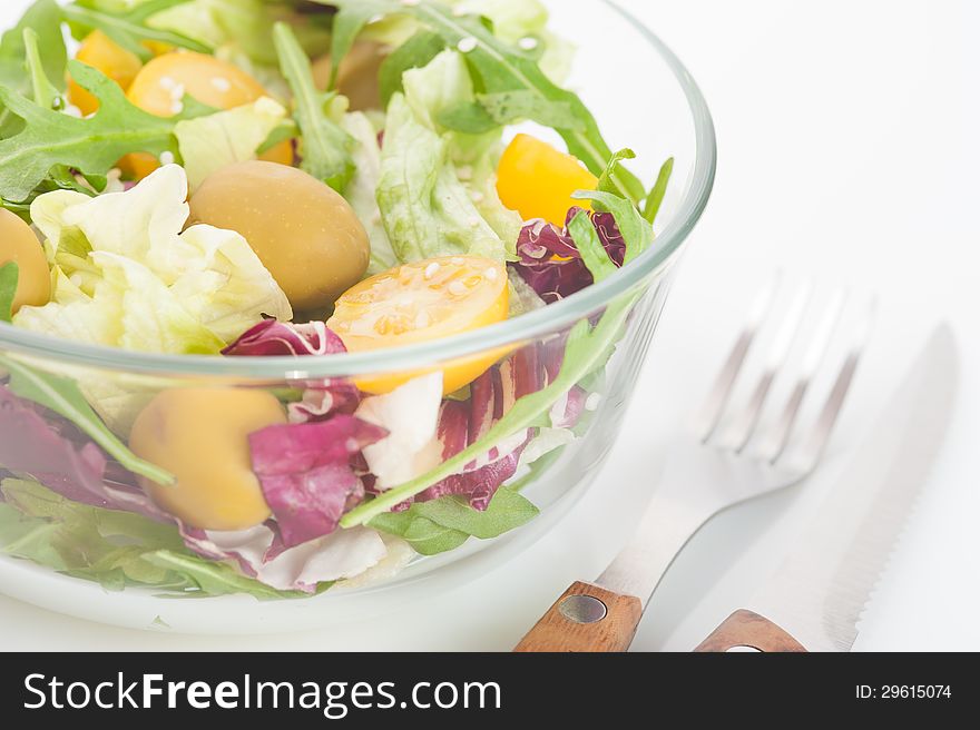 Vegetable salad on the white table