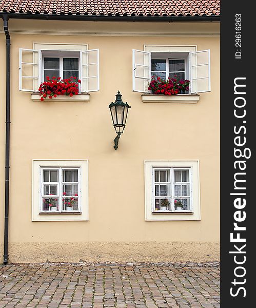 Front facade of an old residential house in Prague