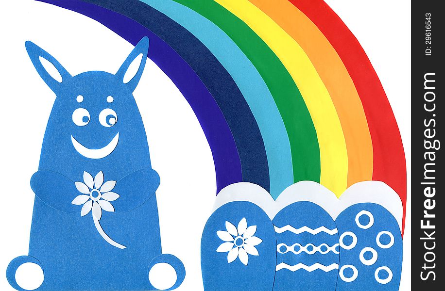 Blue Easter Rabbit with Rainbow