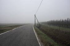 Road Bordered By A Trench And A Power Line Next To Fields On A Foggy Day In The Italian Countryside Royalty Free Stock Image