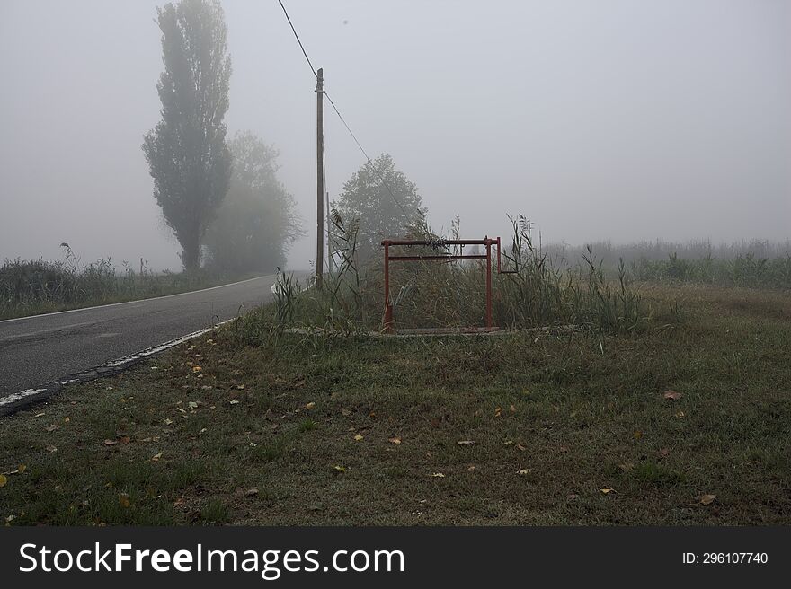 Narrow Road Bordered By A Few Trees And Trenches With Weirs On A Foggy Day In The Italian Countryside