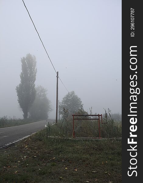 Narrow Road Bordered By A Few Trees And Trenches With Weirs On A Foggy Day In The Italian Countryside