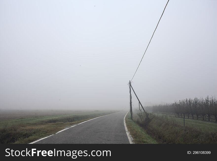 Road bordered by a trench and a power line next to fields on a foggy day in the italian countryside