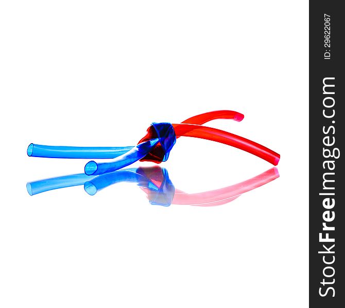 Two red and blue PVC Hoses tied