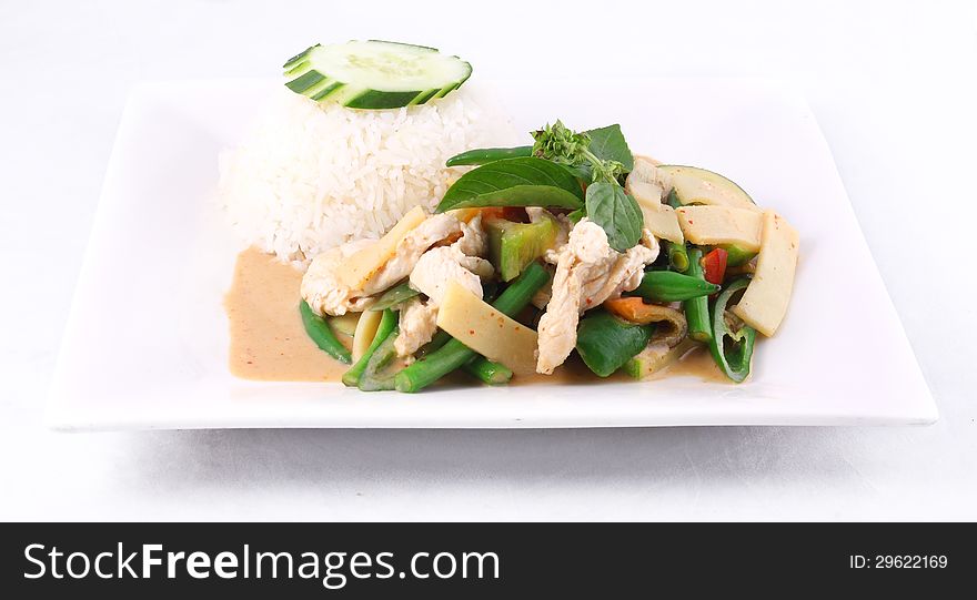 Chicken Red Curry With Rice, Thai Food.