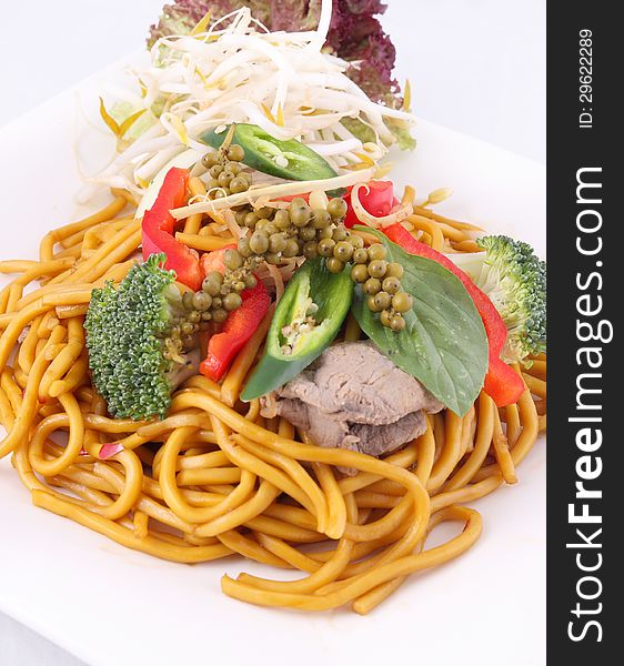 Hokkien Noodles Stir Frief With Thai Herb.