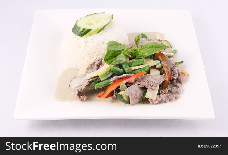 Beef green curry with rice, Thai food.