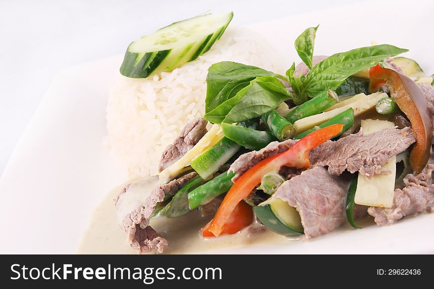 Beef Green Curry With Rice, Thai Food.