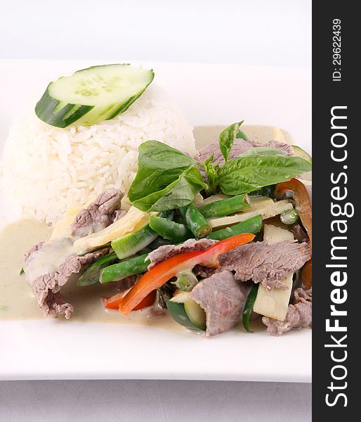 Beef green curry with rice, Thai food.