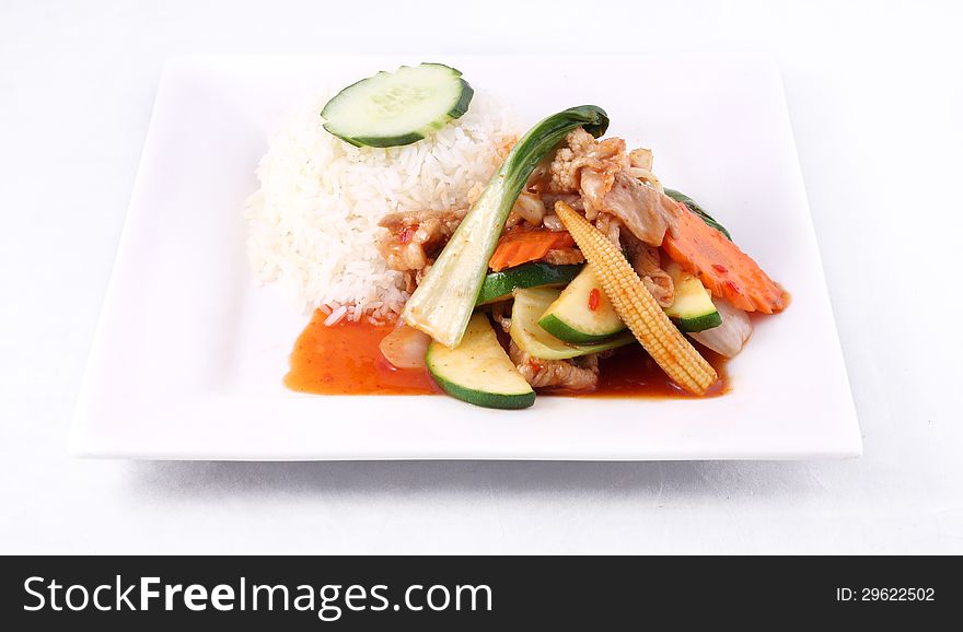 Thai Food, Stir Fried Sweet Chilli Sauce With Rice.