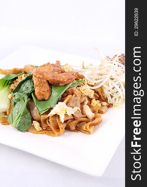 Asian Stir Fried Flat Rice Noodles. Pad Se Ew With Chicken.