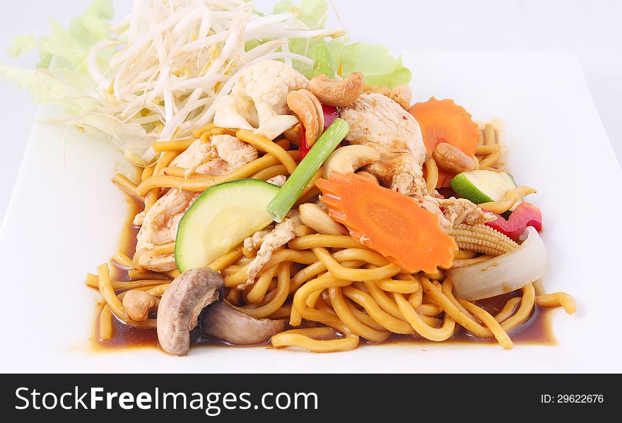 Hokkien noodles stir fried with chilli jam and cashew nuts, Thai