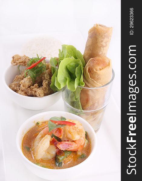 Thai Food Set With Rice And Spring Roll.