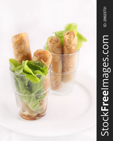 Spring Roll With Green Leaves.  Thai Appeitizer
