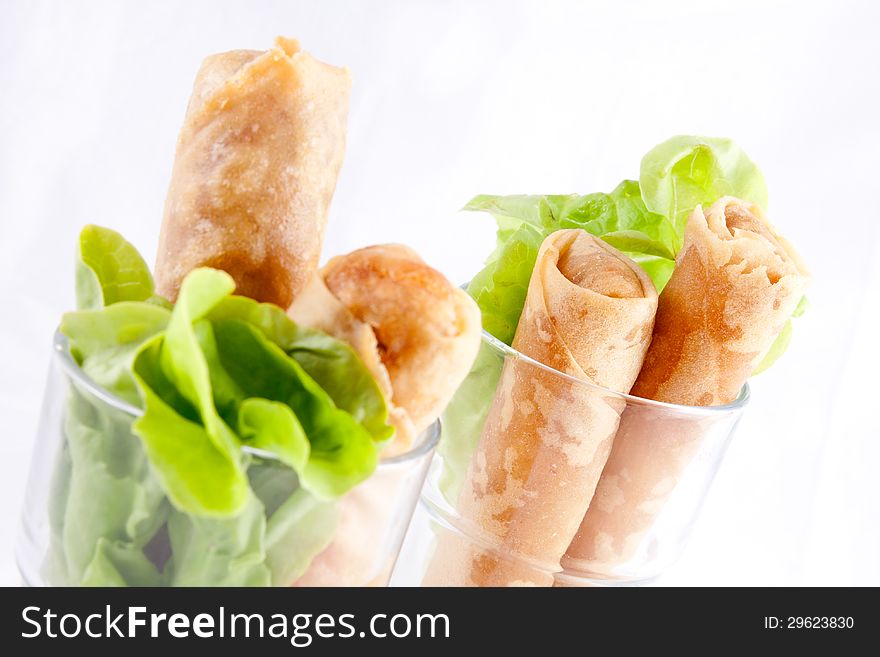 Spring Roll With Green Leaves.  Thai Appeitizer