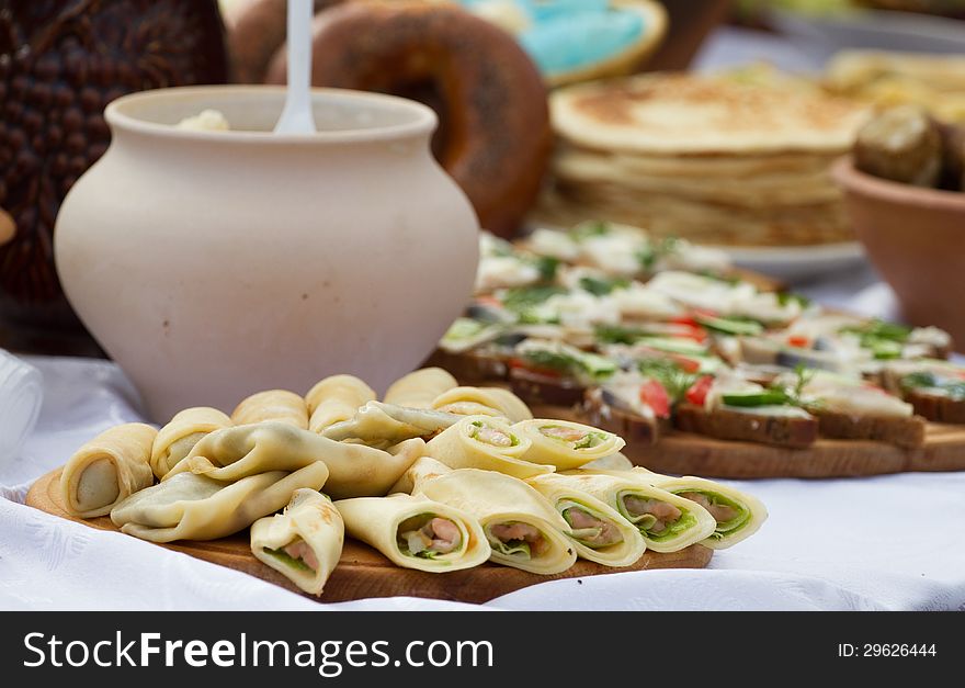 Pancakes with meat served table