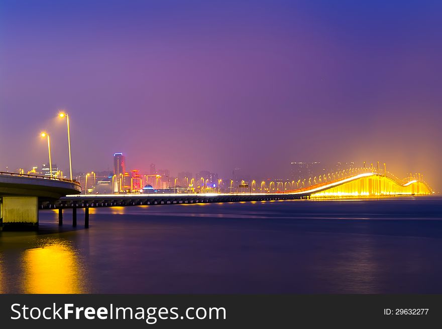 Friendship Bridge at Night. Macau. View from the Taipa. Soft focus. Friendship Bridge at Night. Macau. View from the Taipa. Soft focus.