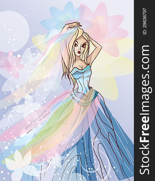 Vector image of beautiful woman in blue dress with floral veil. Vector image of beautiful woman in blue dress with floral veil