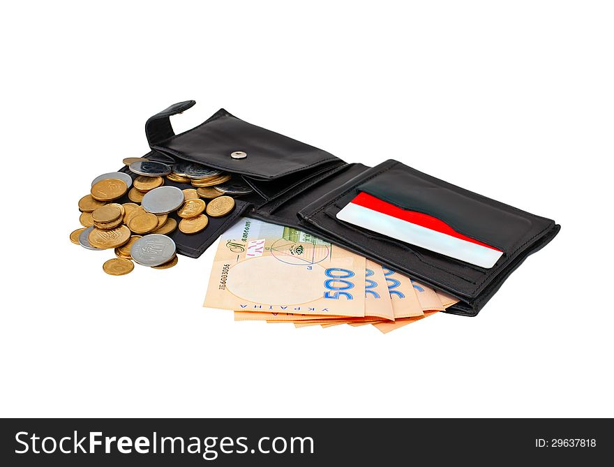 Black purse stuffed with paper money, coins and credit card on white background. Black purse stuffed with paper money, coins and credit card on white background
