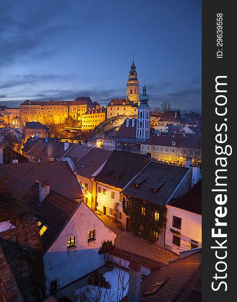 Image of Cesky Krumov and Krumlov Castle at twilight. Image of Cesky Krumov and Krumlov Castle at twilight.