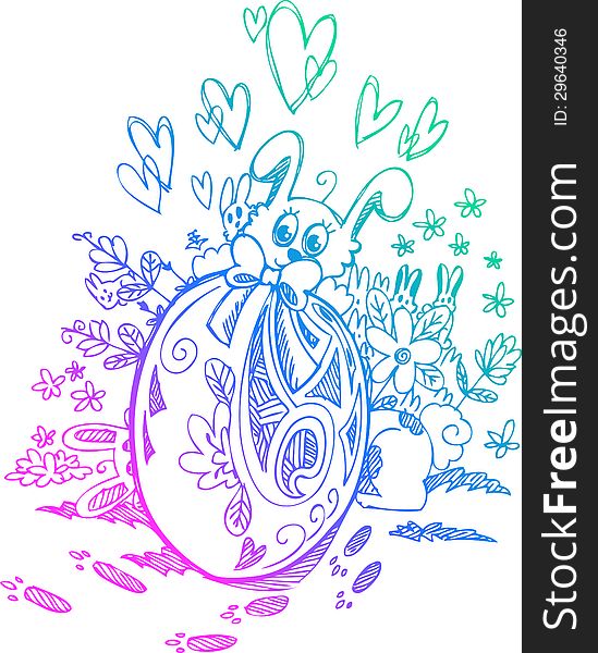 Big decorated Easter egg and cute Easter bunnies. Sketched doodle vector illustration. Big decorated Easter egg and cute Easter bunnies. Sketched doodle vector illustration.