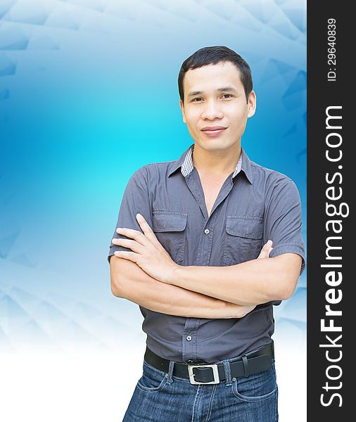 Smart Asian Man With Blue Abstract Background