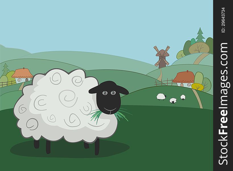 Illustration of sheep near the village