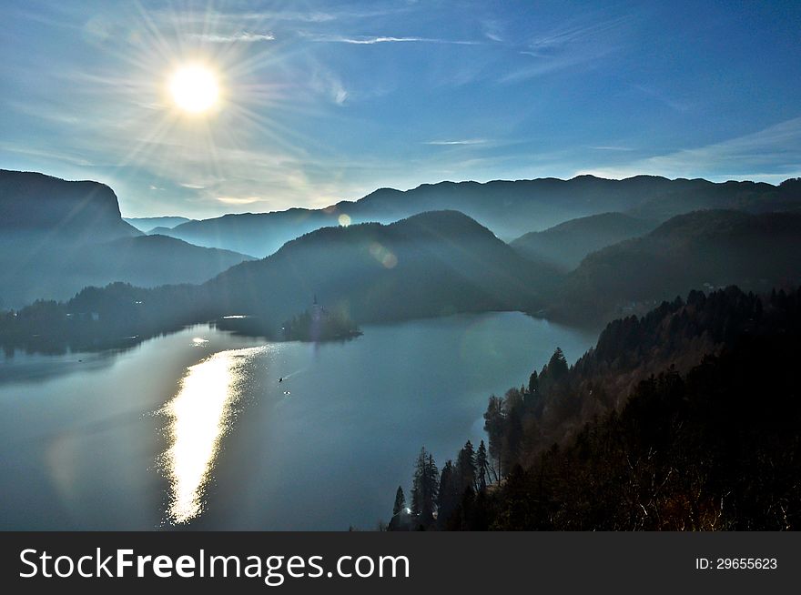 The sun above lake Bled.