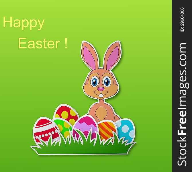 Paper Card With Rabbit And Easter Eggs