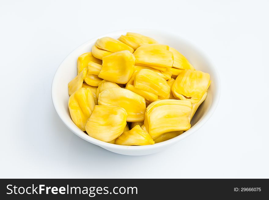 JACKFRUIT IN WHITE BOWL ISOLATED ON WHITE