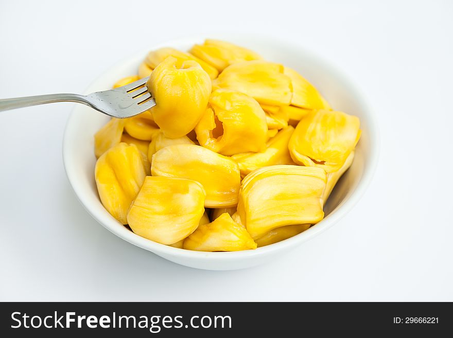 JACKFRUIT IN WHITE BOWL ISOLATED ON WHITE