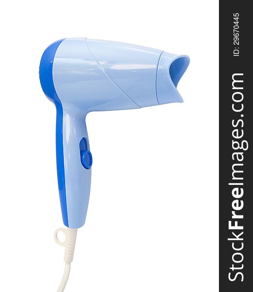 Compact blue hairdryer isolated on the white background. Compact blue hairdryer isolated on the white background