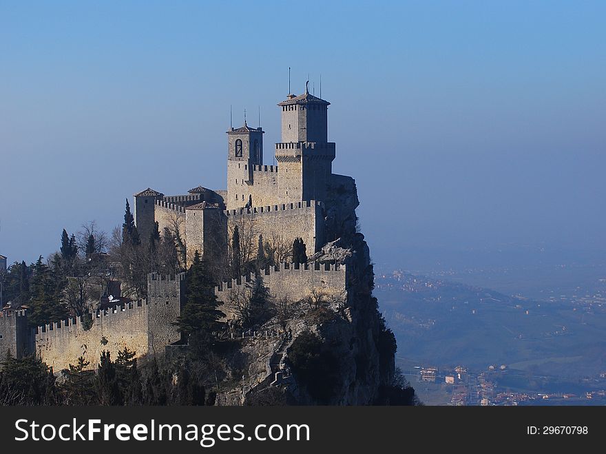 View from the Cesta tower to the Guaita fortress in San Marino. The Guaita fortress is the oldest of the three towers constructed on Monte Titano, and the most famous.