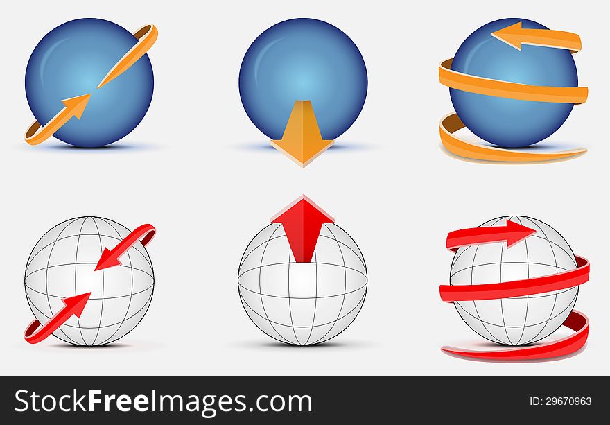 Solid and wired spheres with curved arrows. Solid and wired spheres with curved arrows